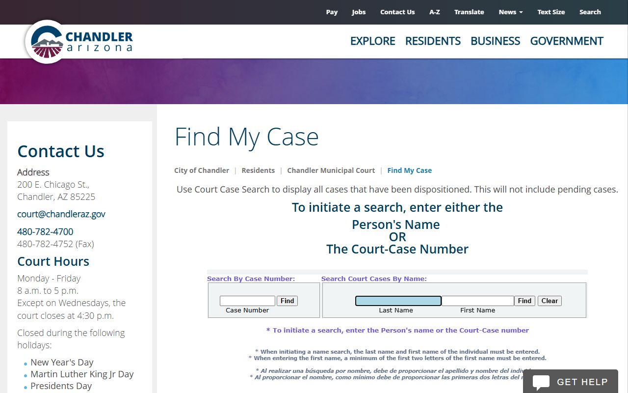 Chandler Municipal Court case search for people lookup