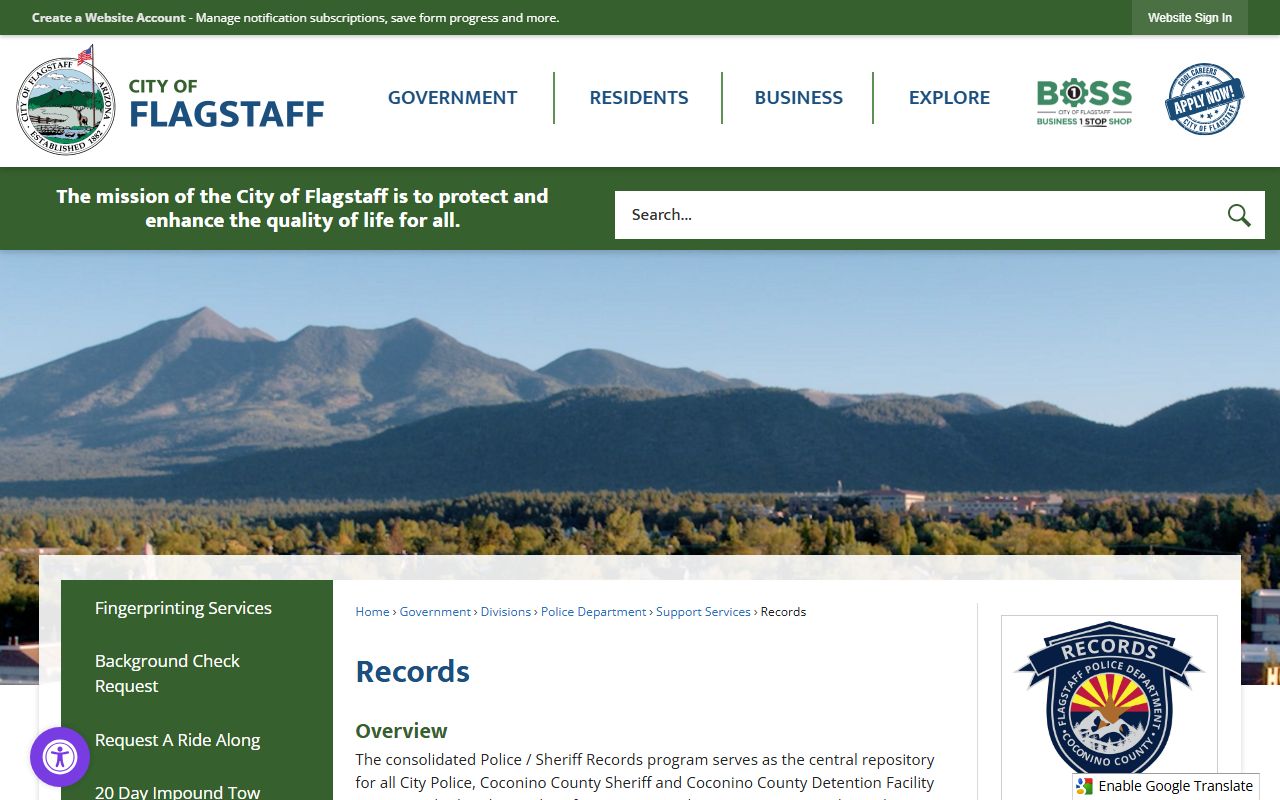 Flagstaff Police Department records request page for people search