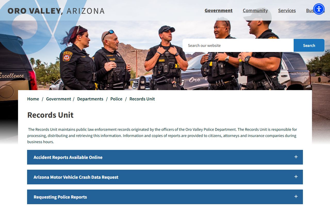 Oro Valley Police Records Unit page for people search requests