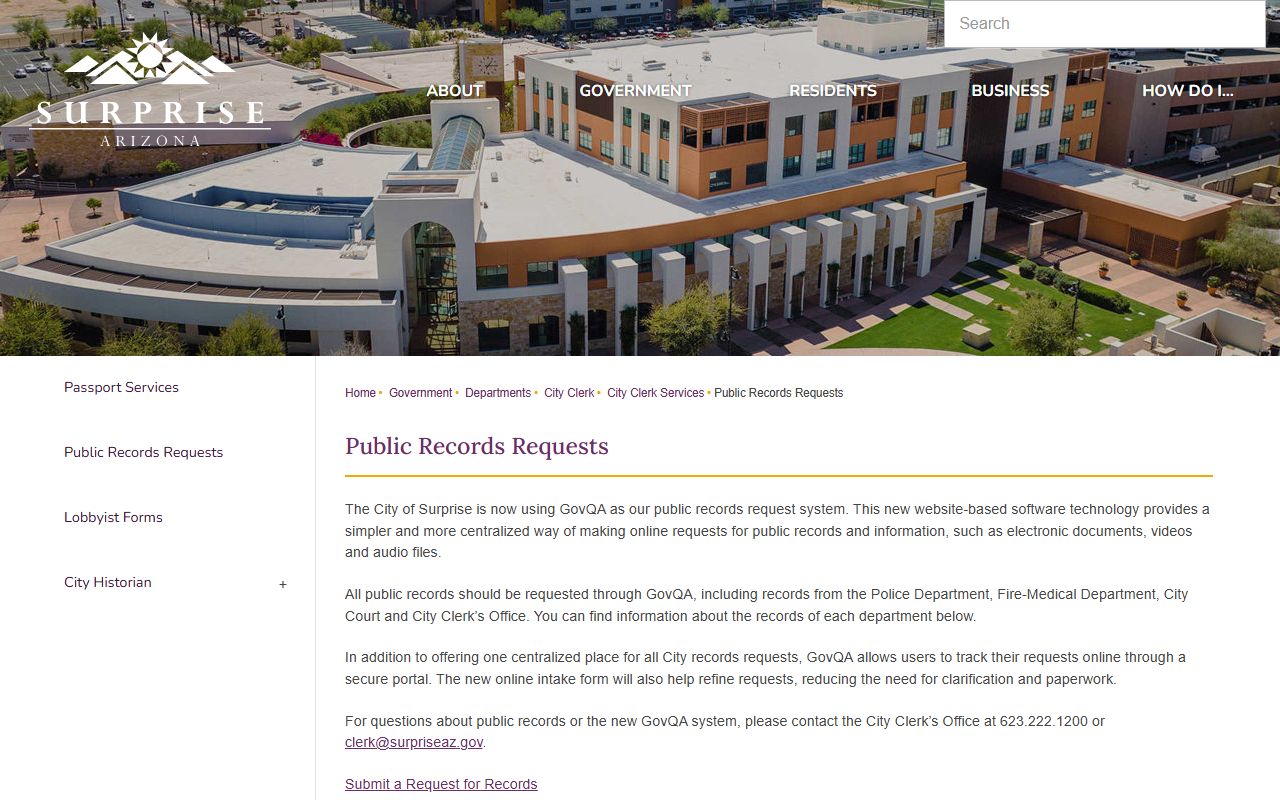 Surprise Arizona public records request page for people search