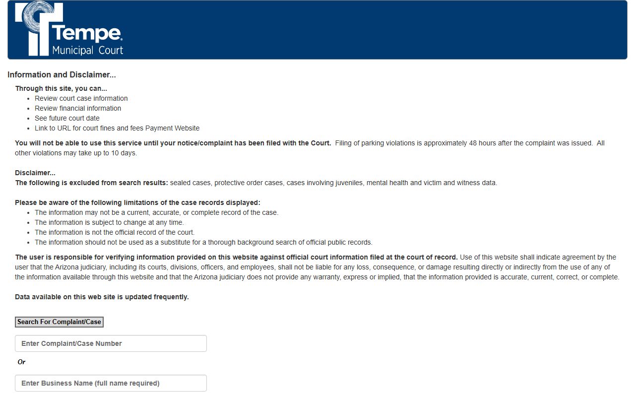Tempe Municipal Court case search for people lookup