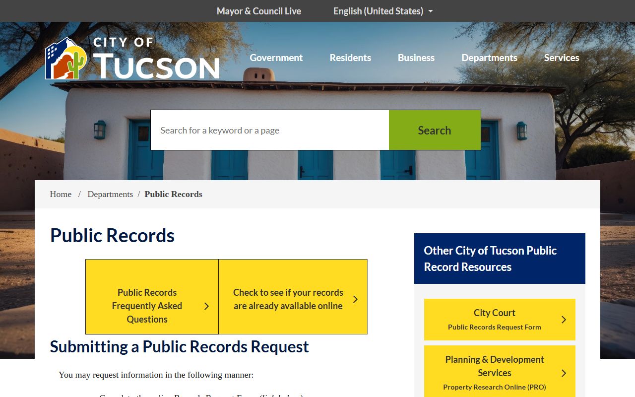 Tucson city clerk public records page for people search