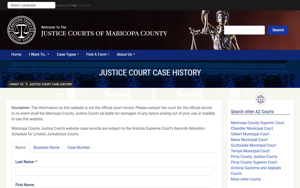 Maricopa County Justice Court case search for people lookup