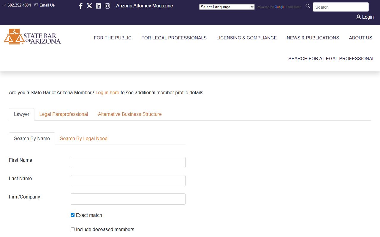 Arizona State Bar attorney directory for people lookup