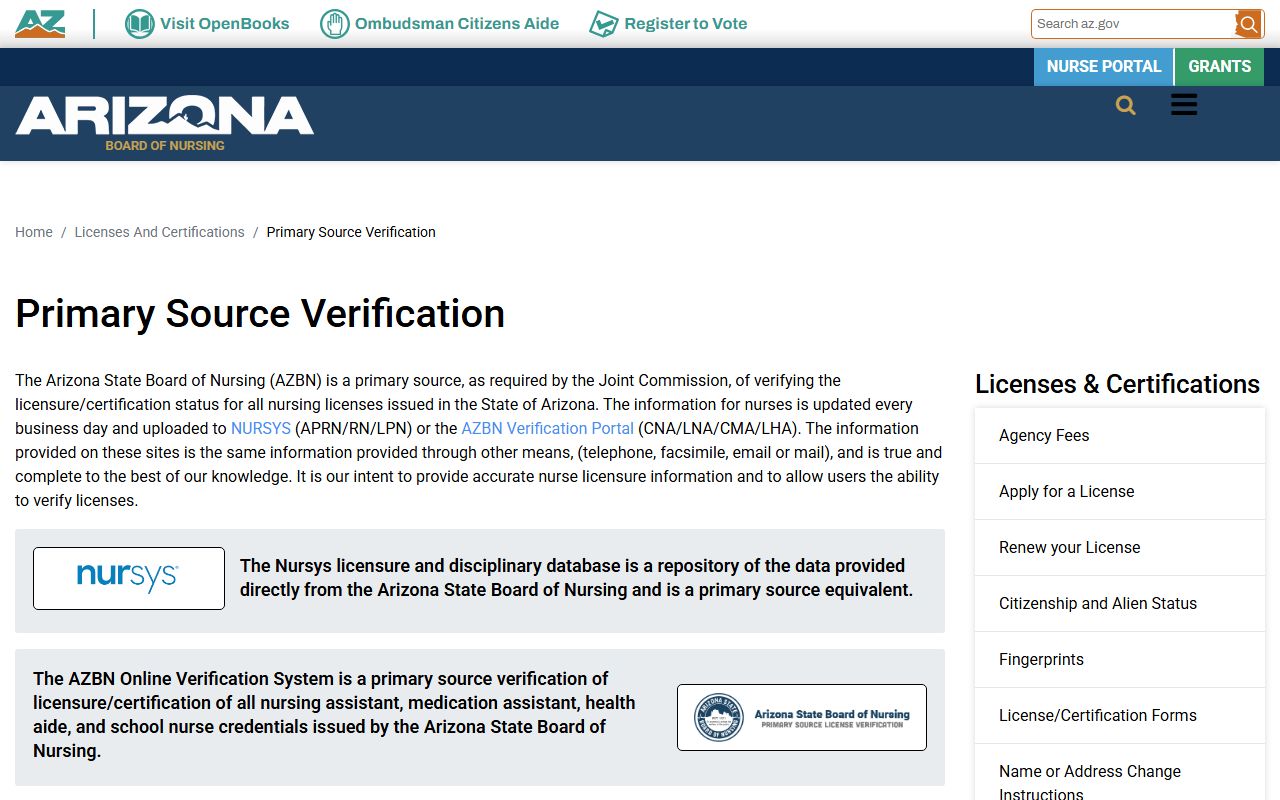 Arizona Board of Nursing license verification portal