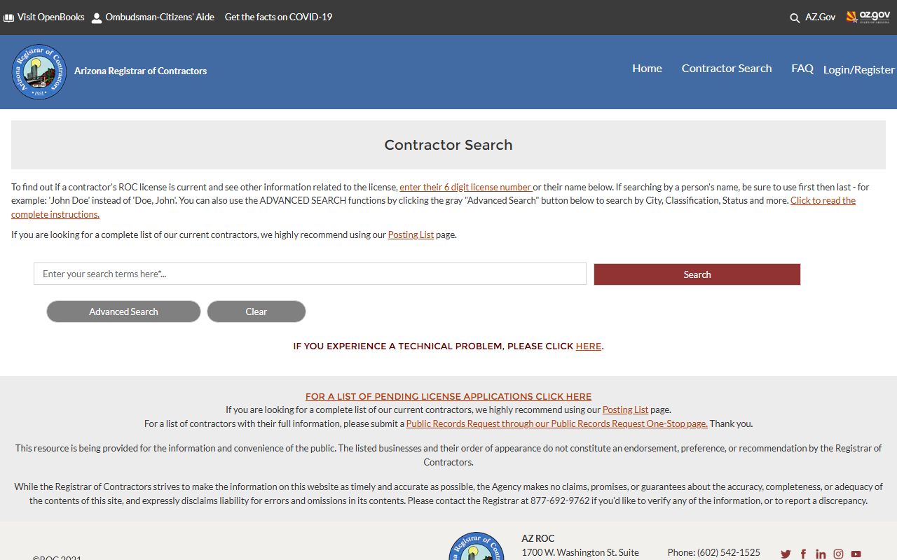 Arizona contractor license search tool