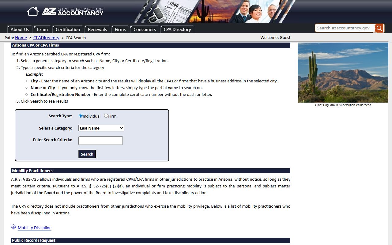 Arizona CPA license search database for finding accountants