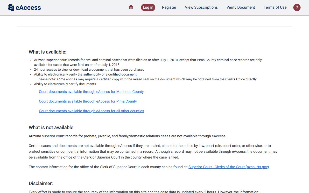 Arizona eAccess court portal for document search