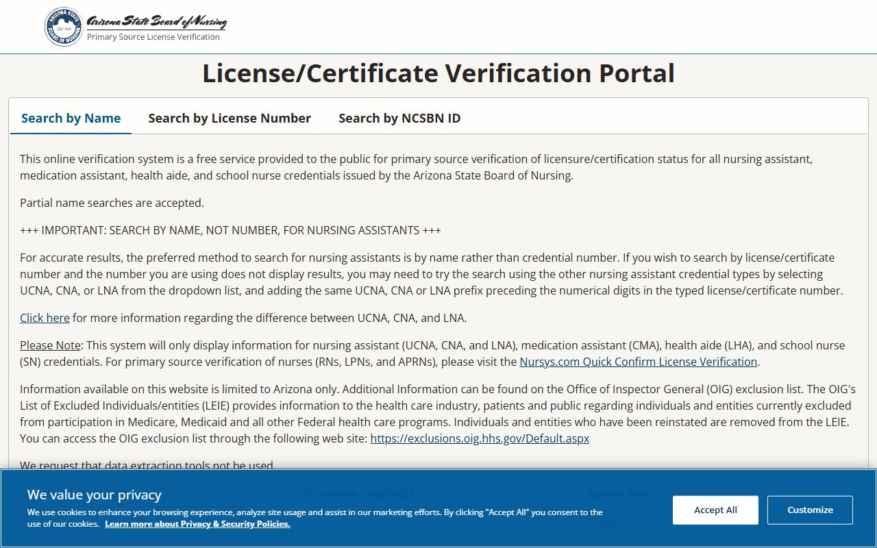 Arizona nursing license lookup for people search