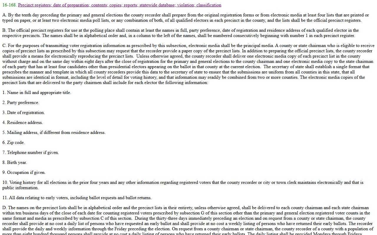 Arizona voter records statute information for people lookup